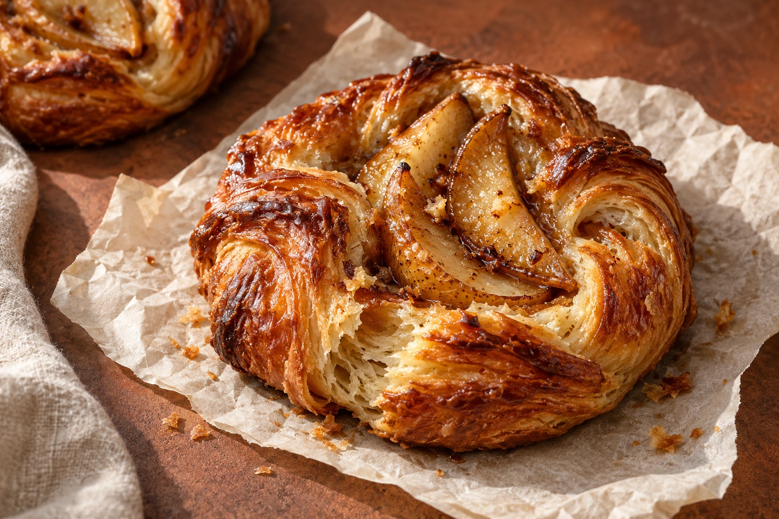 Roasted pear in golden folded pastry on butter paper.