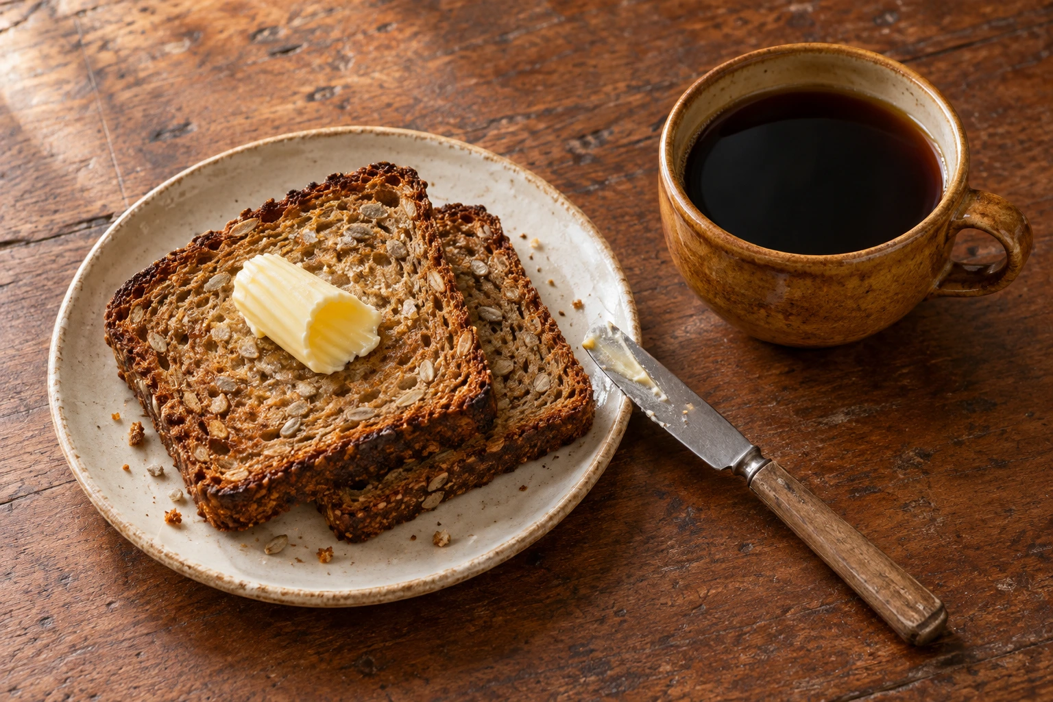 Seeded rye toast with salted butter beside filter coffee.